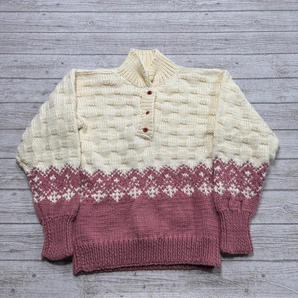 Handmade Fair Isle Sweater Womens Small White Mauve Chunky Knit Henley Pullover